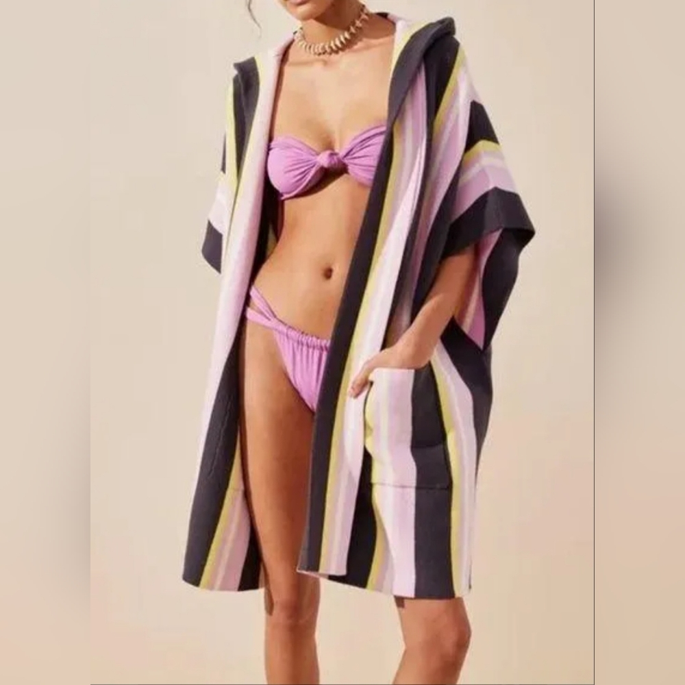 Free People Purple Stripe Hooded Baja Beach Poncho Sweater Coverup One Size NEW